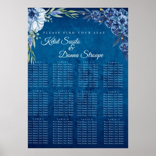 Blue Elegant floral summer wedding seating chart  ポスター (正面)