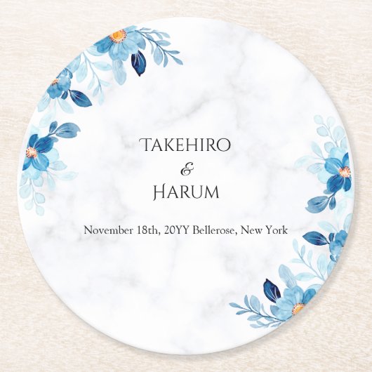 Blue Elegant flower summer wedding ラウンドペーパーコースター (正面)