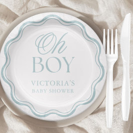 Blue Elegant Minimal Oh Boy Baby Shower ペーパープレート