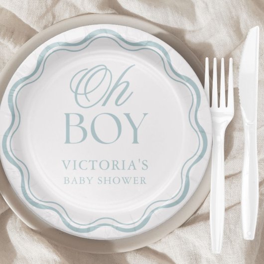 Blue Elegant Minimal Oh Boy Baby Shower ペーパープレート