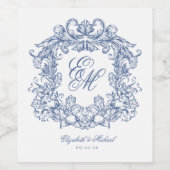 Blue Elegant Monogram Crest Vintage Wedding ワインラベル (シングルラベル)