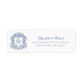 Blue Elegant Monogram Crest Wedding Return Address ラベル
