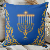 Blue Elegant Monogram Hanukkah Golden Menorah  クッション