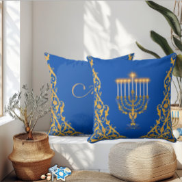 Blue Elegant Monogram Hanukkah Golden Menorah  クッション