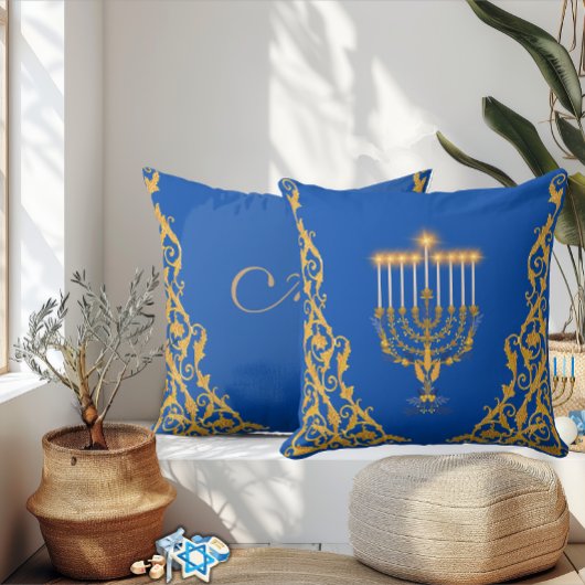 Blue Elegant Monogram Hanukkah Golden Menorah  クッション