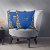 Blue Elegant Monogram Hanukkah Golden Menorah  クッション
