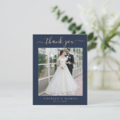 Blue Elegant Script 2 Photo Wedding Gold Script サンキューカード (スタンド正面)