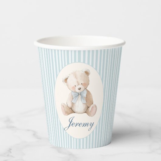 Blue Elegant Teddy Bear Baby's Birthday Paper Cups 紙コップ (正面)