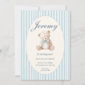 Blue Elegant Teddy Bear Baby's First Birthday Invi 招待状 (正面)