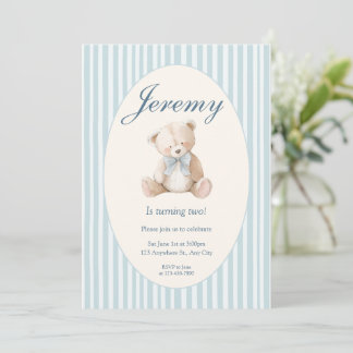 Blue Elegant Teddy Bear Baby's First Birthday Invi 招待状