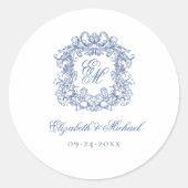 Blue Elegant Vintage Monogram Crest Wedding ラウンドシール (正面)