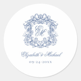 Blue Elegant Vintage Monogram Crest Wedding ラウンドシール