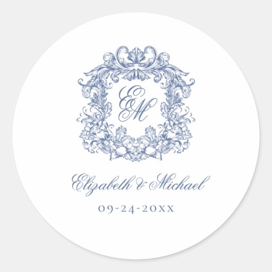 Blue Elegant Vintage Monogram Crest Wedding ラウンドシール (正面)