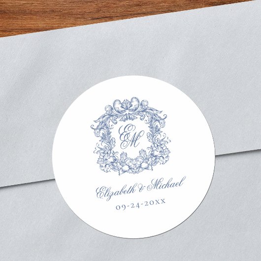 Blue Elegant Vintage Monogram Crest Wedding ラウンドシール