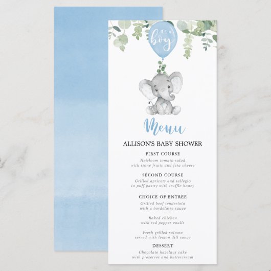 Blue elephant and balloons baby shower menu プログラム (正面/裏面)