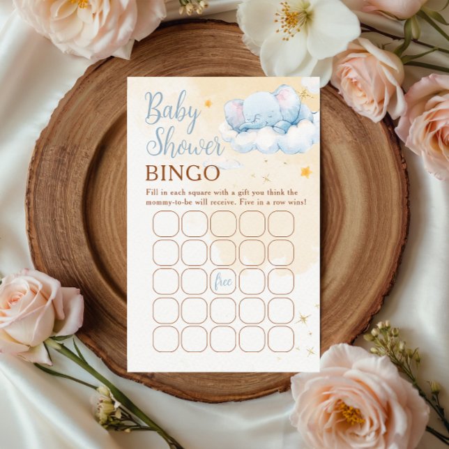 Blue Elephant Baby Shower Bingo Game Card Cloud  (クリエイターアップロード済み)