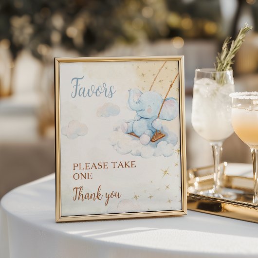 Blue Elephant Baby Shower Favors Sign Poster Cloud ポスター