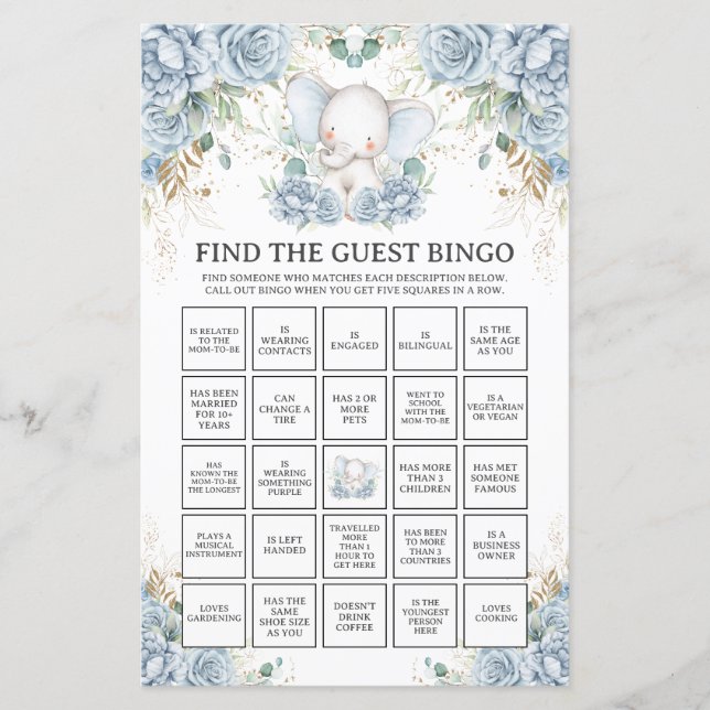Blue Elephant Baby Shower Find the Guest Bingo (正面)