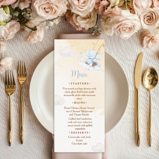 Blue Elephant Baby Shower Menu Card Cloud Stars メニュー