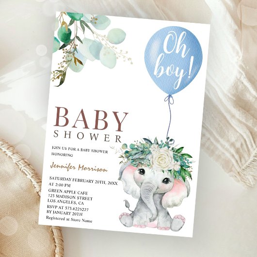 Blue Elephant Balloon Baby Shower Boy 招待状