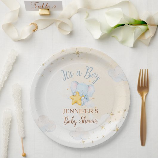 Blue Elephant Cloud Baby Shower Paper Plates ペーパープレート (ウェディング)