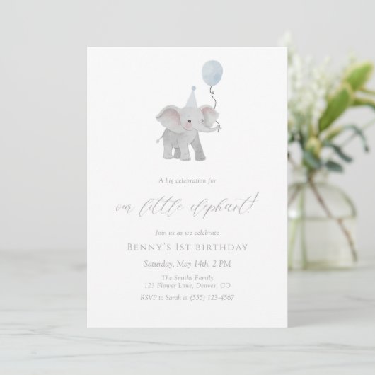 Blue Elephant First Birthday Invitation Watercolor 招待状 (スタンド正面)