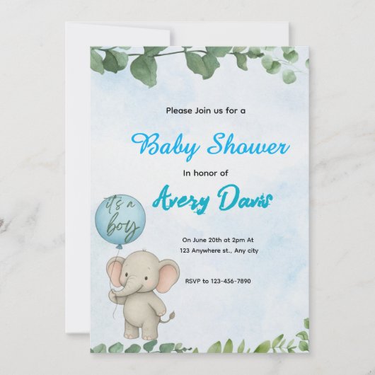 Blue Elephant It’s a Boy Baby Shower Invitation 招待状 (正面)