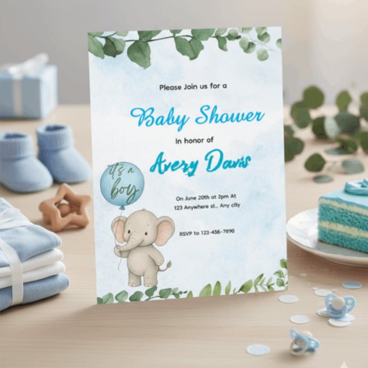 Blue Elephant It’s a Boy Baby Shower Invitation 招待状