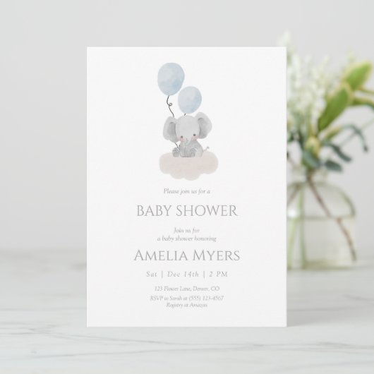 Blue Elephant on Cloud Baby Shower Invitation 招待状 (スタンド正面)