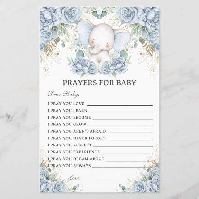 Blue Elephant Prayers for Baby Showers Activity (正面)