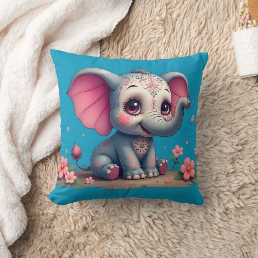 Blue Elephant Throw Pillow クッション (ブランケット)