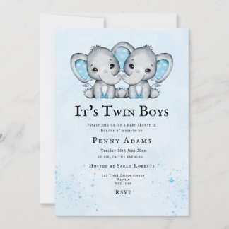 Blue Elephants Twins Baby Shower Invitation  サンキューカード