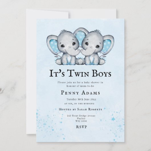 Blue Elephants Twins Baby Shower Invitation  サンキューカード (正面)