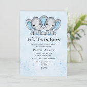 Blue Elephants Twins Baby Shower Invitation  サンキューカード (スタンド正面)