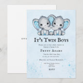 Blue Elephants Twins Baby Shower Invitation  サンキューカード (正面/裏面)