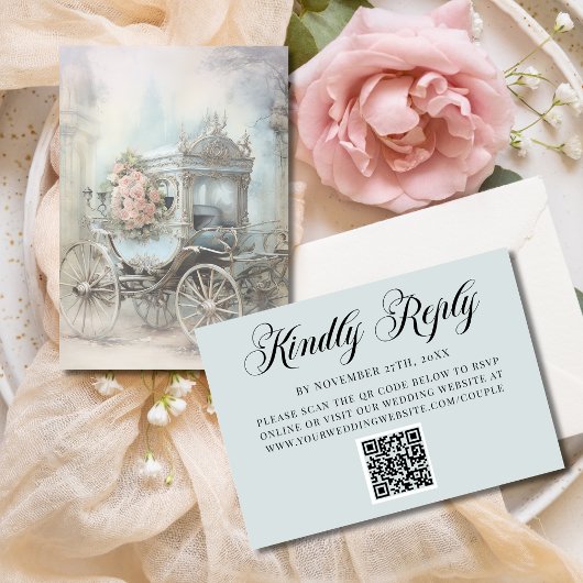 Blue Enchanted Carriage Fairytale Wedding QR Code 出欠カード