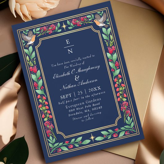 Blue Enchanting Botanical Floral Garden Wedding 招待状