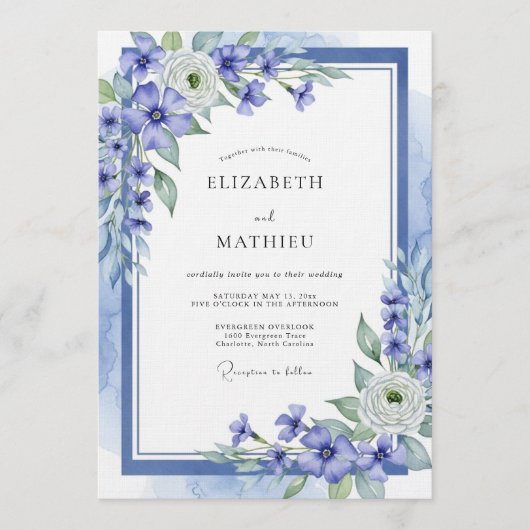 Blue Ethereal Floral Wedding 招待状 (正面)
