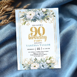 Blue Eucalyptus Gold Accent 90th Birthday Invite 招待状