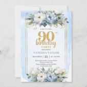 Blue Eucalyptus Gold Accent 90th Birthday Invite 招待状 (正面)