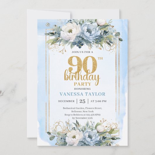 Blue Eucalyptus Gold Accent 90th Birthday Invite 招待状 (正面)