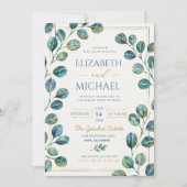 Blue Eucalyptus with Elegant Gold Details 招待状 (正面)