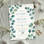 Blue Eucalyptus with Elegant Gold Details 招待状