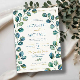 Blue Eucalyptus with Elegant Gold Details 招待状