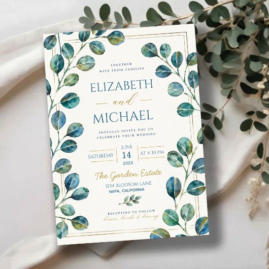 Blue Eucalyptus with Elegant Gold Details 招待状