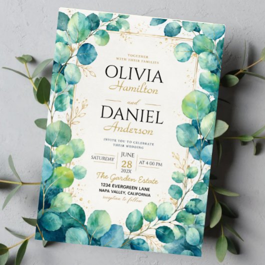 Blue Eucalyptus with Gold Botanical Accents 招待状