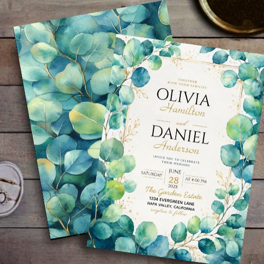 Blue Eucalyptus with Gold Botanical Accents 招待状