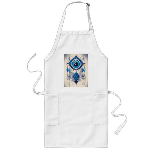 Blue Evil Eye Ink Illustration – Protective Symbol ロングエプロン (正面)