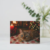 Blue-Eyed Christmas Cat Postcard Cozy Fireplace ポストカード (スタンド正面)