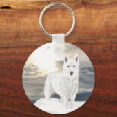 Blue eyed, white Husky, in snow キーホルダー (裏面)